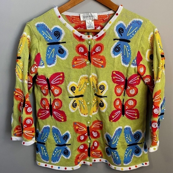 Susan‎ Bristol VINTAGE Women's Green Butterfly Ramie Knit Button Cardigan Small - Picture 1 of 16